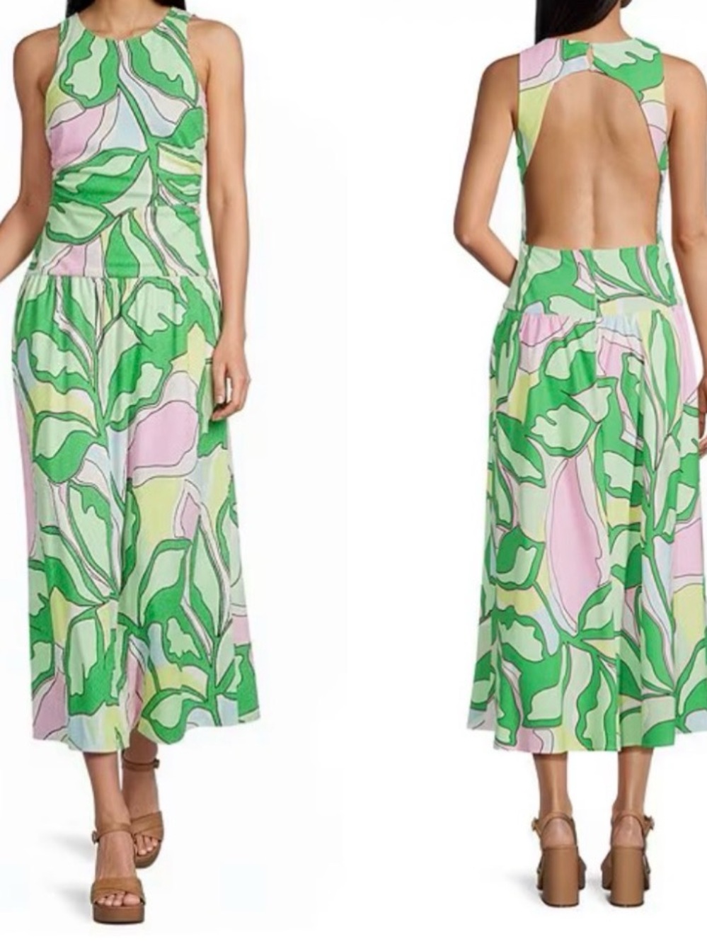 New GB Floral Printed Open Back Drop Waist Maxi Dress